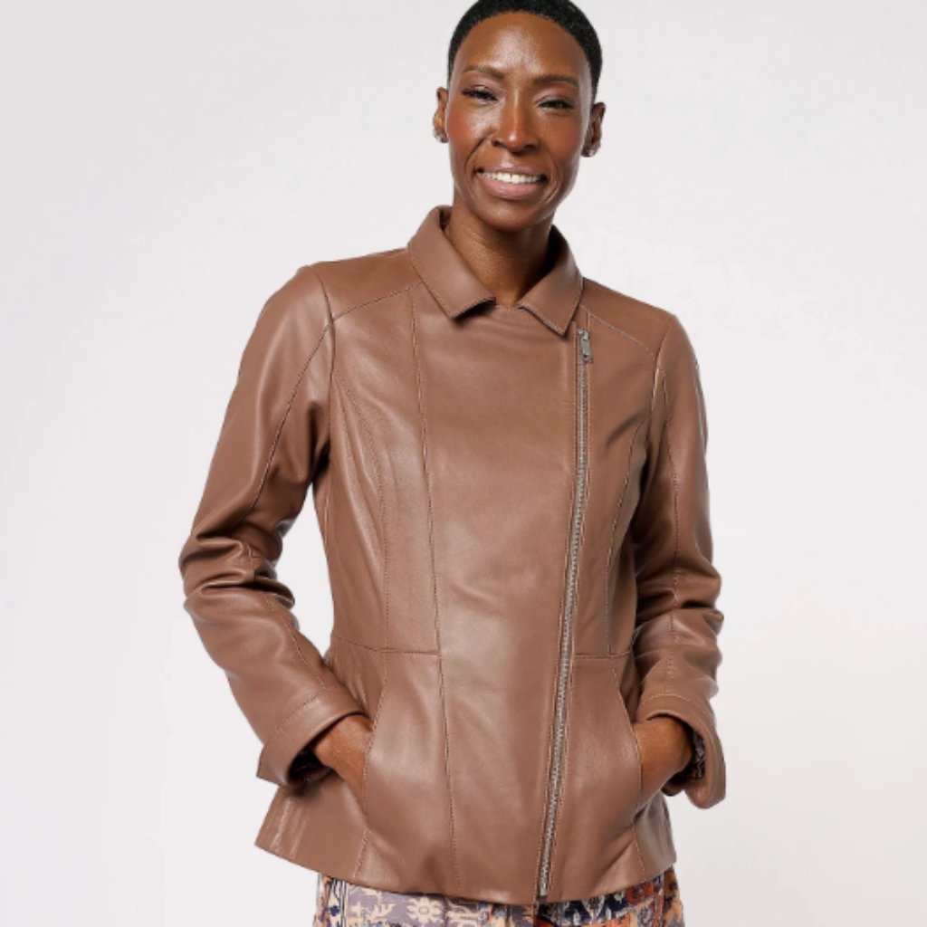 Denim & Co. Lamb Leather Moto Jacket With Pockets-Chestnut Brown-Small-A612795